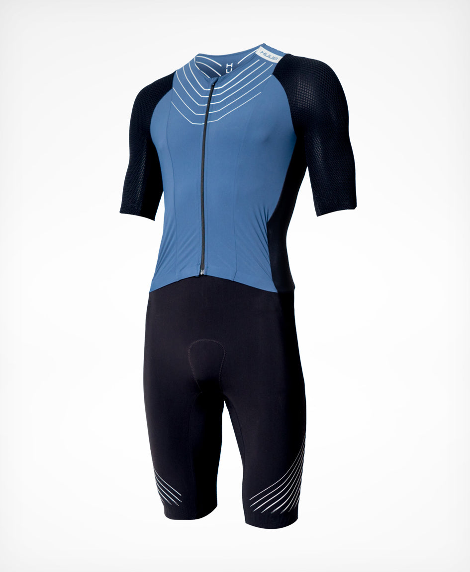 HUUB Pinnacle Tri Suit Men’s – Clay, Steel Blue, open zip aero race-fit suit, arms neutral design.